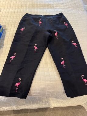 Black Cropped Pants with Pink Flamingo Embroidery 100% linen